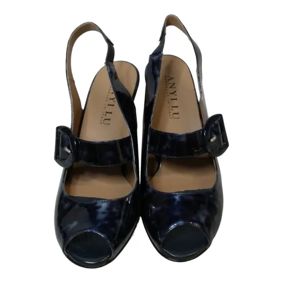 Anyi Lu Tulip Navy Tortoise Shell Patent Leather Shoes Italy SZ 38 New