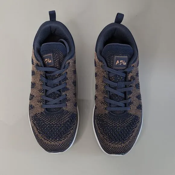 APL Techloom Pro Knit Woven Running Sneakers Midnight Blue Rose Gold Lace Up 9.5
