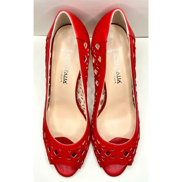 AQUATALIA Red Suede Cutout Open Toe Heels - Made in Italy - Sweet, Sexy &amp; Fun!
