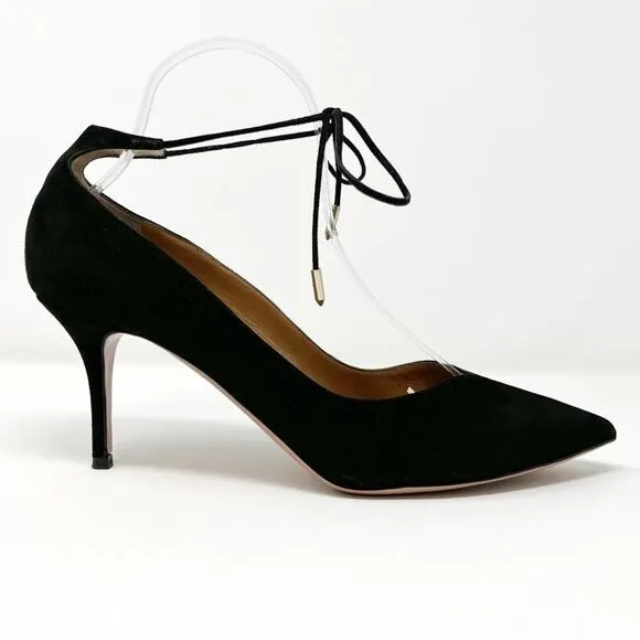 Aquazzura Black Suede Ankle Tie Pointed Toe Low Heel Pumps