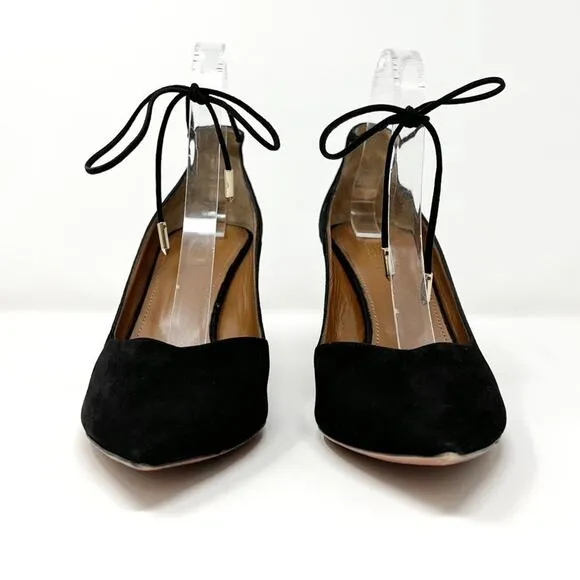Aquazzura Black Suede Ankle Tie Pointed Toe Low Heel Pumps