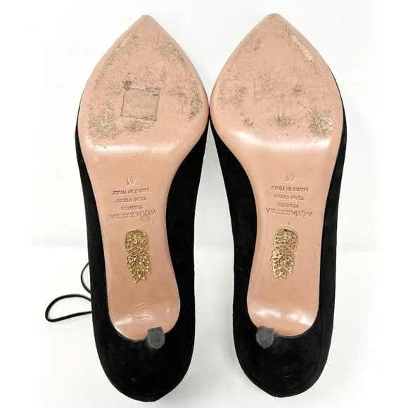 Aquazzura Black Suede Ankle Tie Pointed Toe Low Heel Pumps