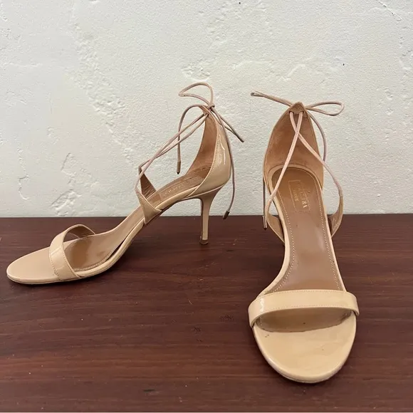 Aquazzura Firenze nude tan open toe patent leather lace up tie sandal heels 39 9