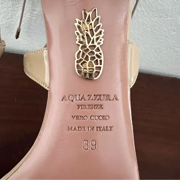 Aquazzura Firenze nude tan open toe patent leather lace up tie sandal heels 39 9