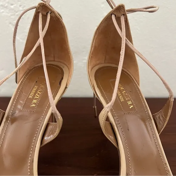 Aquazzura Firenze nude tan open toe patent leather lace up tie sandal heels 39 9