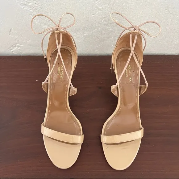 Aquazzura Firenze nude tan open toe patent leather lace up tie sandal heels 39 9