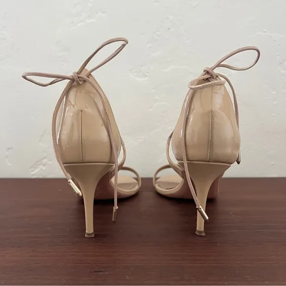 Aquazzura Firenze nude tan open toe patent leather lace up tie sandal heels 39 9