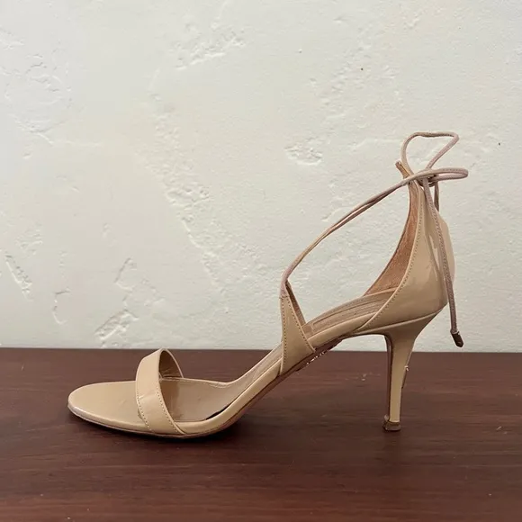 Aquazzura Firenze nude tan open toe patent leather lace up tie sandal heels 39 9