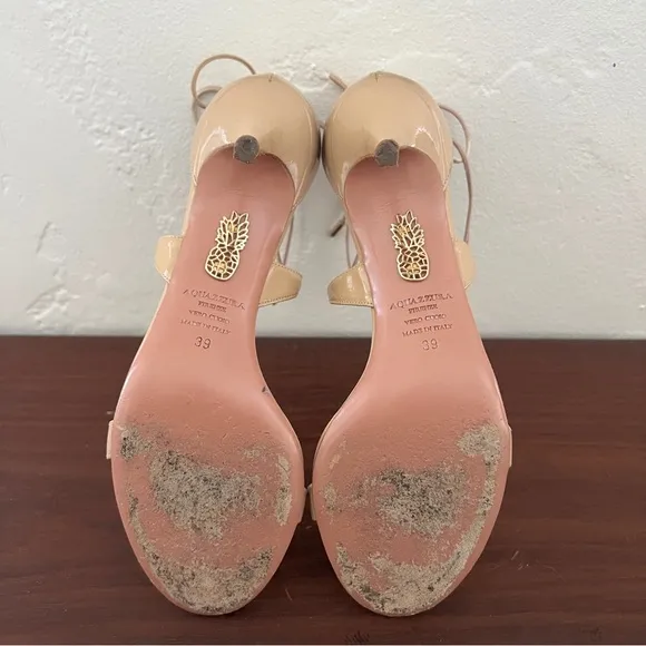 Aquazzura Firenze nude tan open toe patent leather lace up tie sandal heels 39 9