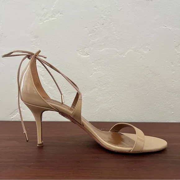 Aquazzura Firenze nude tan open toe patent leather lace up tie sandal heels 39 9