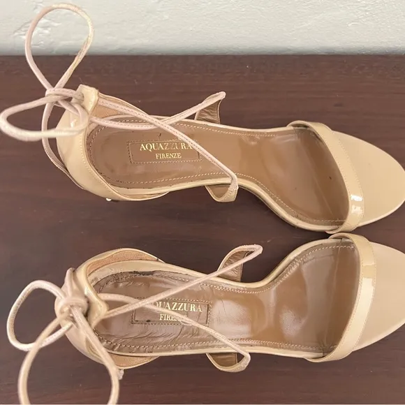 Aquazzura Firenze nude tan open toe patent leather lace up tie sandal heels 39 9
