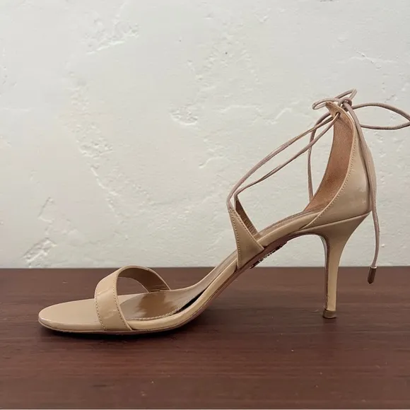 Aquazzura Firenze nude tan open toe patent leather lace up tie sandal heels 39 9