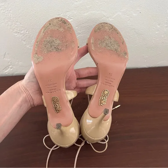 Aquazzura Firenze nude tan open toe patent leather lace up tie sandal heels 39 9