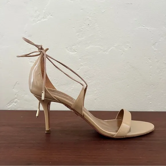 Aquazzura Firenze nude tan open toe patent leather lace up tie sandal heels 39 9