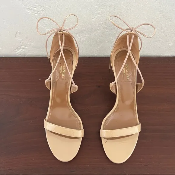 Aquazzura Firenze nude tan open toe patent leather lace up tie sandal heels 39 9