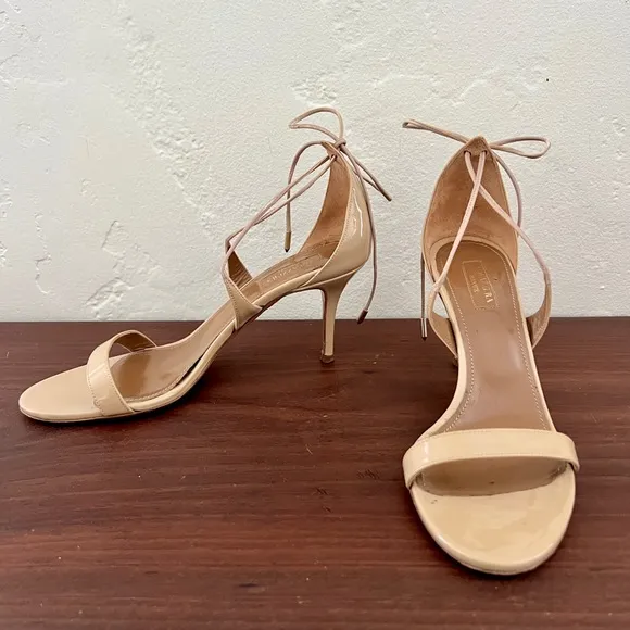Aquazzura Firenze nude tan open toe patent leather lace up tie sandal heels 39 9