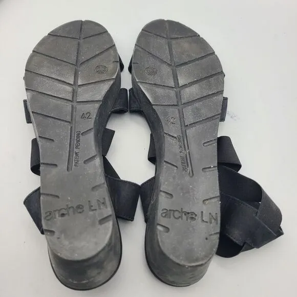Arche womens Sandals Shoes Black Nubuck Low Wedge Cross Straps Stretch sz 11 42