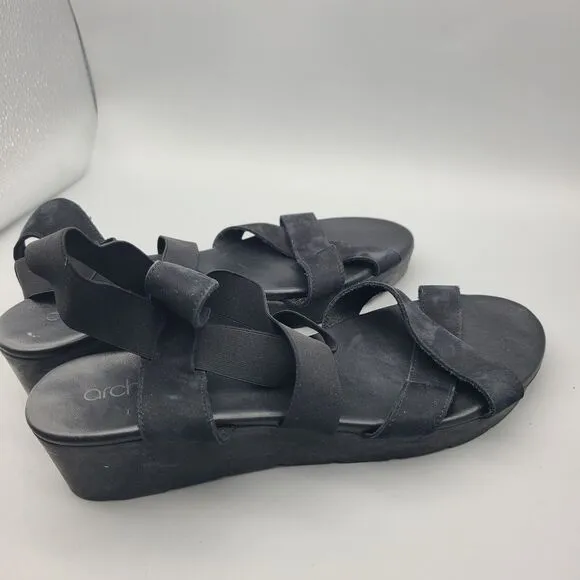 Arche womens Sandals Shoes Black Nubuck Low Wedge Cross Straps Stretch sz 11 42