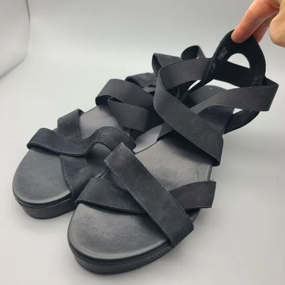 Arche womens Sandals Shoes Black Nubuck Low Wedge Cross Straps Stretch sz 11 42