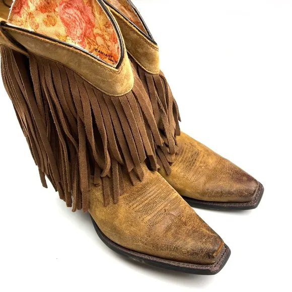 Ariat Gold Rush Fringed Brown Leather Square Toe Western Cowgirl Boots size 7.5