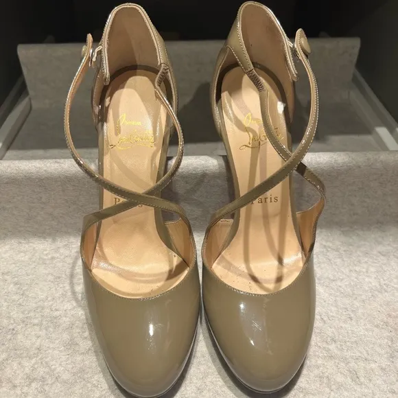 Authentic Christian Louboutin Grey etoupe Patent Cross Pumps heels shoes 37