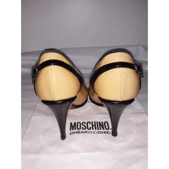 Authentic Moschino Tan &amp; Black Patent Leather Peep Toe Pumps 38 (US 8