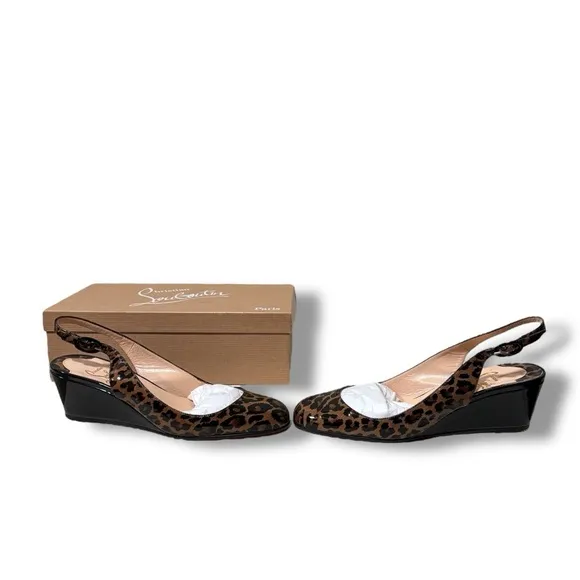 Authenticated Christian Louboutin Patent Cynthia Leopard Sling Back Wedge Heels