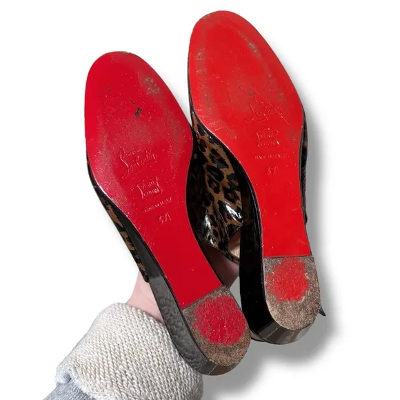 Authenticated Christian Louboutin Patent Cynthia Leopard Sling Back Wedge Heels