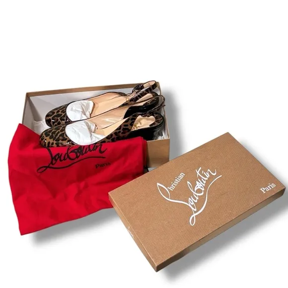 Authenticated Christian Louboutin Patent Cynthia Leopard Sling Back Wedge Heels
