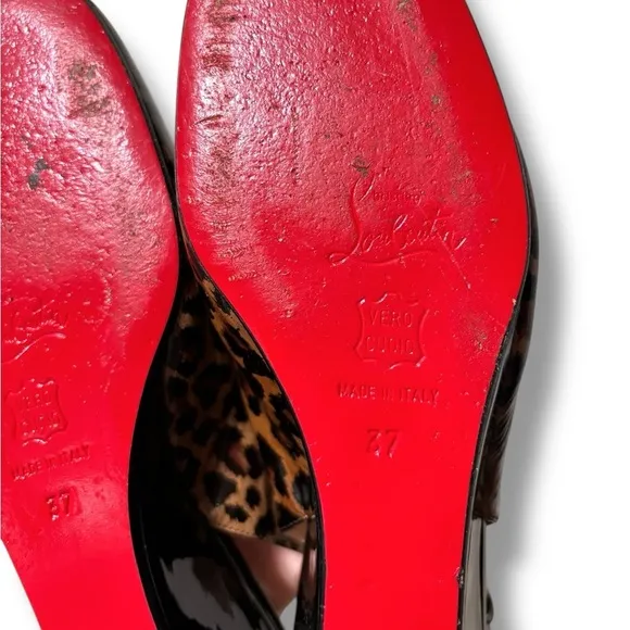 Authenticated Christian Louboutin Patent Cynthia Leopard Sling Back Wedge Heels