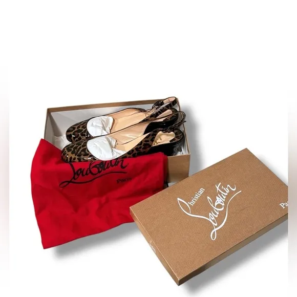 Authenticated Christian Louboutin Patent Cynthia Leopard Sling Back Wedge Heels