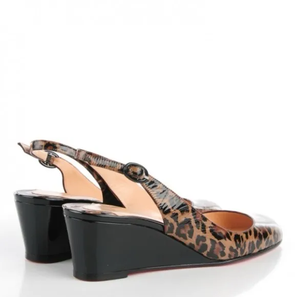 Authenticated Christian Louboutin Patent Cynthia Leopard Sling Back Wedge Heels