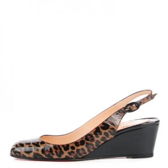 Authenticated Christian Louboutin Patent Cynthia Leopard Sling Back Wedge Heels