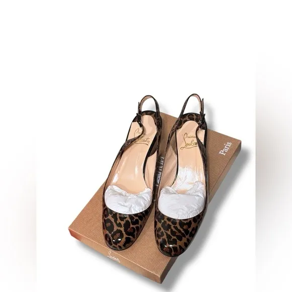 Authenticated Christian Louboutin Patent Cynthia Leopard Sling Back Wedge Heels