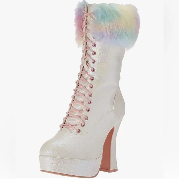 🦋B2G1🦋ELLIE SHOES 5&quot; Chunky Heel Unicorn Lace Up Boot With Faux Fur | 557-NORA |