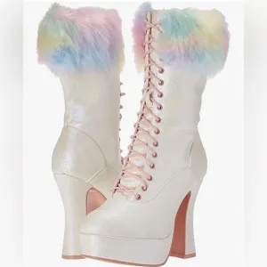 🦋B2G1🦋ELLIE SHOES 5&quot; Chunky Heel Unicorn Lace Up Boot With Faux Fur | 557-NORA |