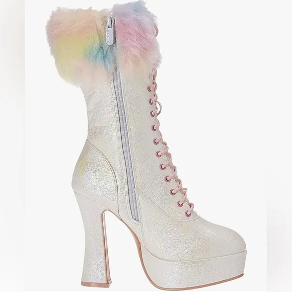 🦋B2G1🦋ELLIE SHOES 5&quot; Chunky Heel Unicorn Lace Up Boot With Faux Fur | 557-NORA |