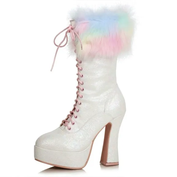 🦋B2G1🦋ELLIE SHOES 5&quot; Chunky Heel Unicorn Lace Up Boot With Faux Fur | 557-NORA |