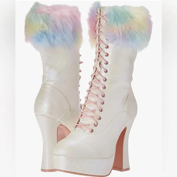 🦋B2G1🦋ELLIE SHOES 5&quot; Chunky Heel Unicorn Lace Up Boot With Faux Fur | 557-NORA |