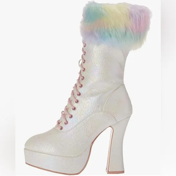 🦋B2G1🦋ELLIE SHOES 5&quot; Chunky Heel Unicorn Lace Up Boot With Faux Fur | 557-NORA |
