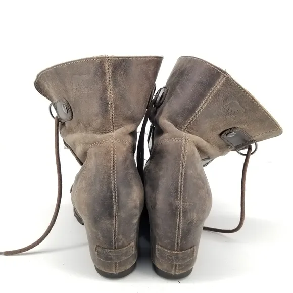 B59 Sorel Joan of Arctic Wedge Mid Womens Boots Size 8 Brown Leather Distressed