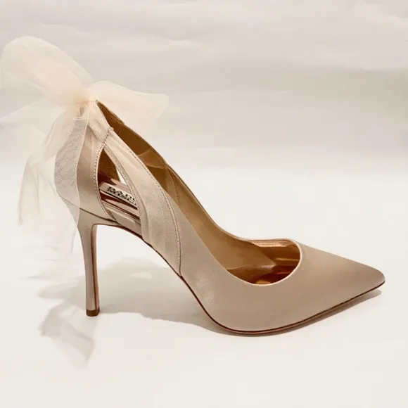 Badgley Mischka Kinsley Tulle Bow Detail Pumps Nude Stiletto Heel Evening Shoes