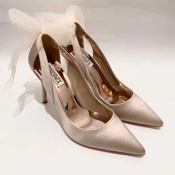 Badgley Mischka Kinsley Tulle Bow Detail Pumps Nude Stiletto Heel Evening Shoes