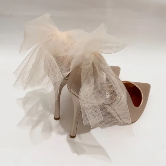 Badgley Mischka Kinsley Tulle Bow Detail Pumps Nude Stiletto Heel Evening Shoes