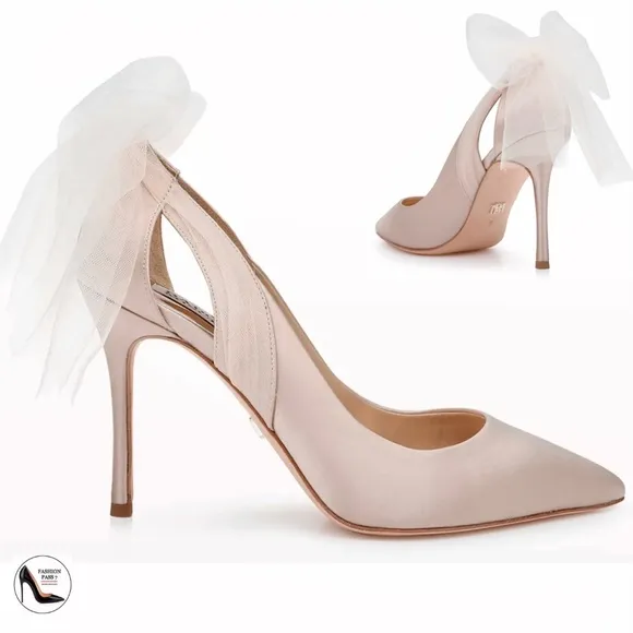Badgley Mischka Kinsley Tulle Bow Detail Pumps Nude Stiletto Heel Evening Shoes