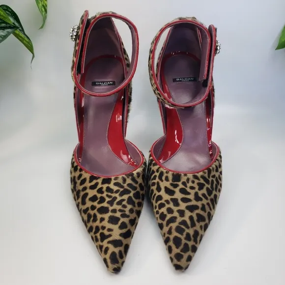 Baldan Fur Leopard Red Patent Leather Ankle Mobwife Euro 39 US 8.5