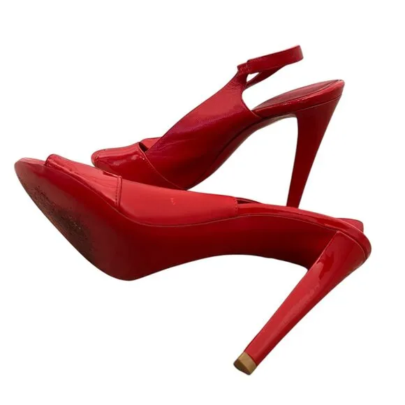 Balenciaga Womens Stilettos Heels Open Toe Slingback Patent Leather Red Size 38