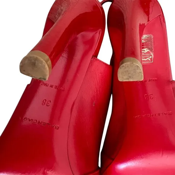 Balenciaga Womens Stilettos Heels Open Toe Slingback Patent Leather Red Size 38