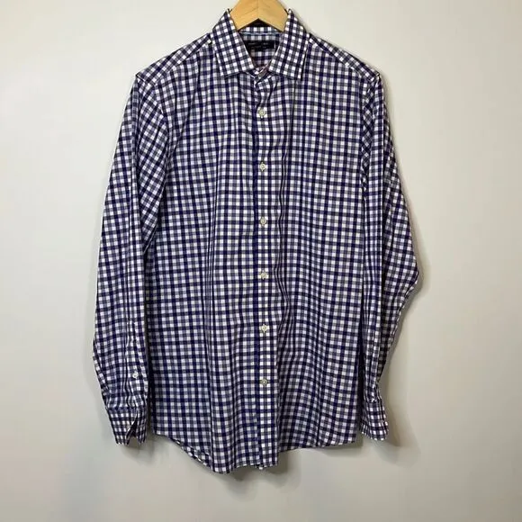 Banana Republic Mens Long Sleeve Non-Iron Dress Shirt Blue Plaid Medium Cotton