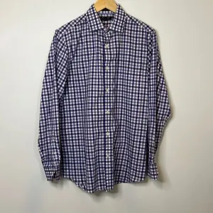 Banana Republic Mens Long Sleeve Non-Iron Dress Shirt Blue Plaid Medium Cotton